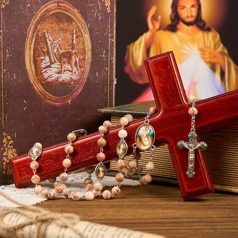 Christiandiscipleshop Our Lady Pray For US & Crucifix of 8mm Red Stone Prayer Beads Rosary