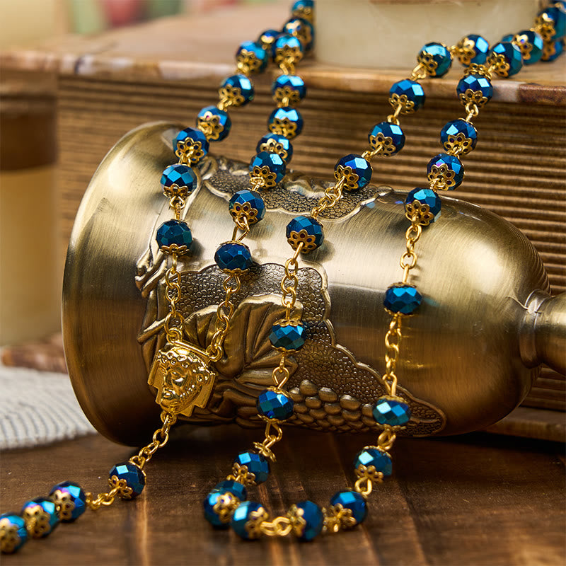 christiandiscipleshop Jesus Icon & Crucifix of 8mm Royal Blue Crystal Beads Prayer Rosary