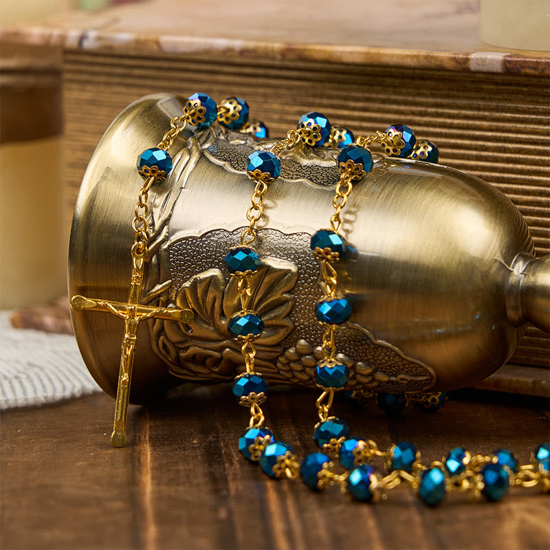 christiandiscipleshop Jesus Icon & Crucifix of 8mm Royal Blue Crystal Beads Prayer Rosary