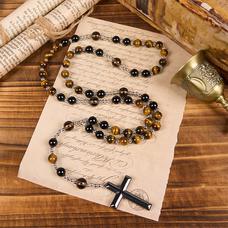 Christiandiscipleshop Natural Obsidian Tiger's Eye Rosary Necklace - Hematite Stone Cross Protection Rosary
