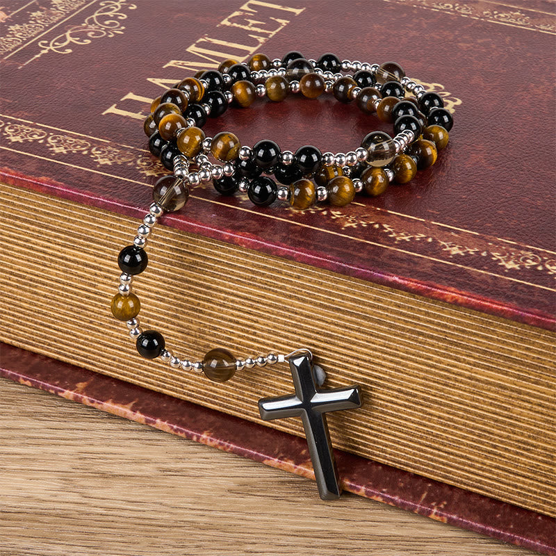 Christiandiscipleshop Natural Obsidian Tiger's Eye Rosary Necklace - Hematite Stone Cross Protection Rosary
