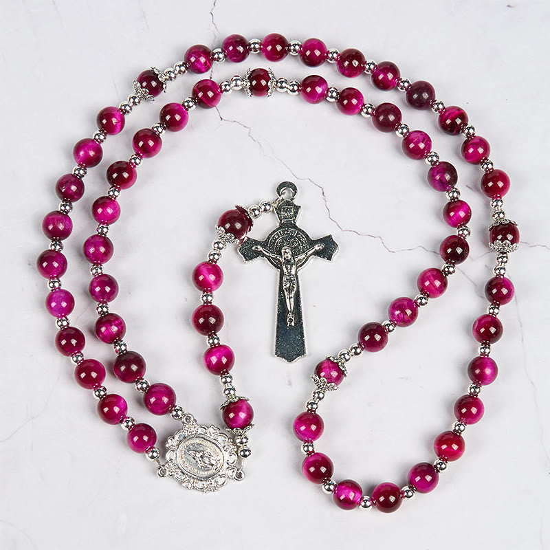 christiandiscipleshop Miraculous Medal & Crucifix of 8mm Pink Tiger Eye Gemstone Beads Rosary