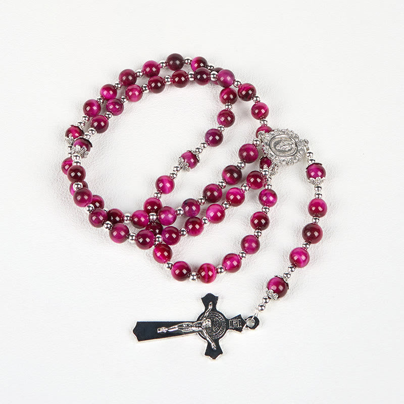 christiandiscipleshop Miraculous Medal & Crucifix of 8mm Pink Tiger Eye Gemstone Beads Rosary