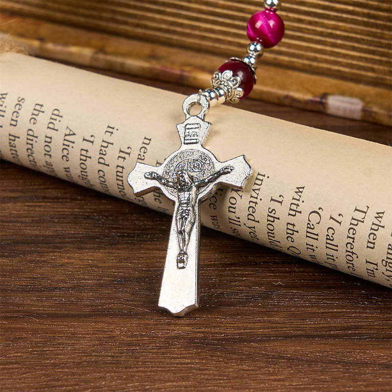 christiandiscipleshop Miraculous Medal & Crucifix of 8mm Pink Tiger Eye Gemstone Beads Rosary