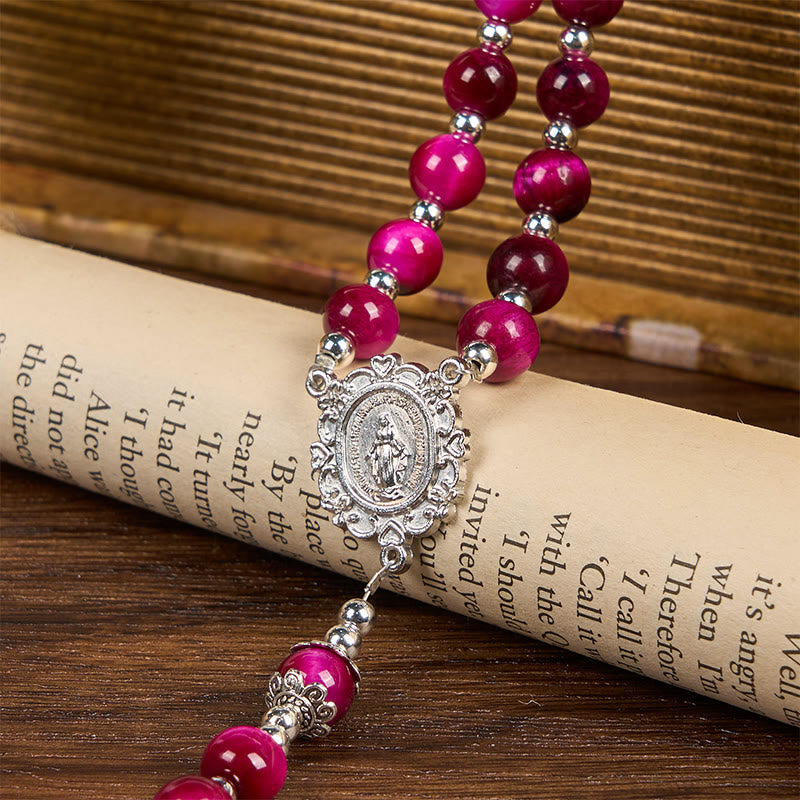 christiandiscipleshop Miraculous Medal & Crucifix of 8mm Pink Tiger Eye Gemstone Beads Rosary