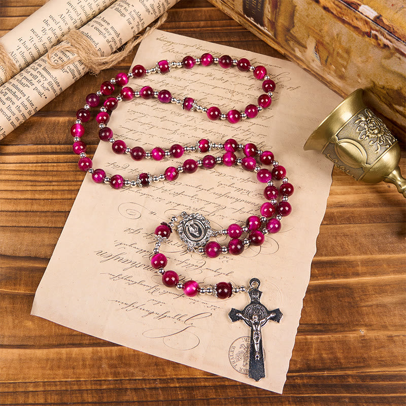 christiandiscipleshop Miraculous Medal & Crucifix of 8mm Pink Tiger Eye Gemstone Beads Rosary