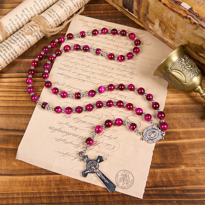 christiandiscipleshop Miraculous Medal & Crucifix of 8mm Pink Tiger Eye Gemstone Beads Rosary