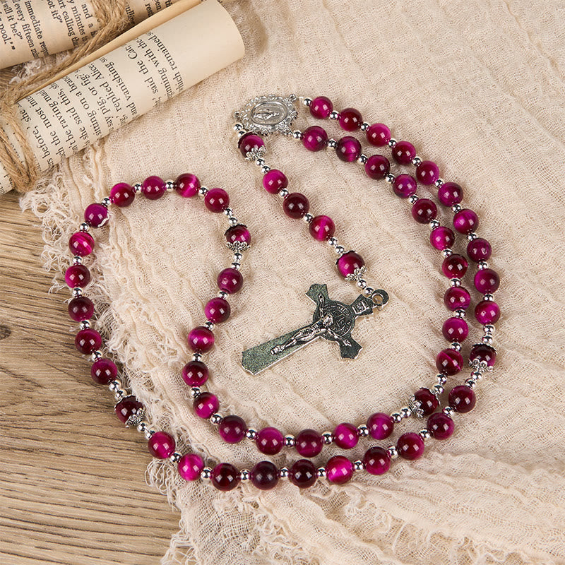 christiandiscipleshop Miraculous Medal & Crucifix of 8mm Pink Tiger Eye Gemstone Beads Rosary