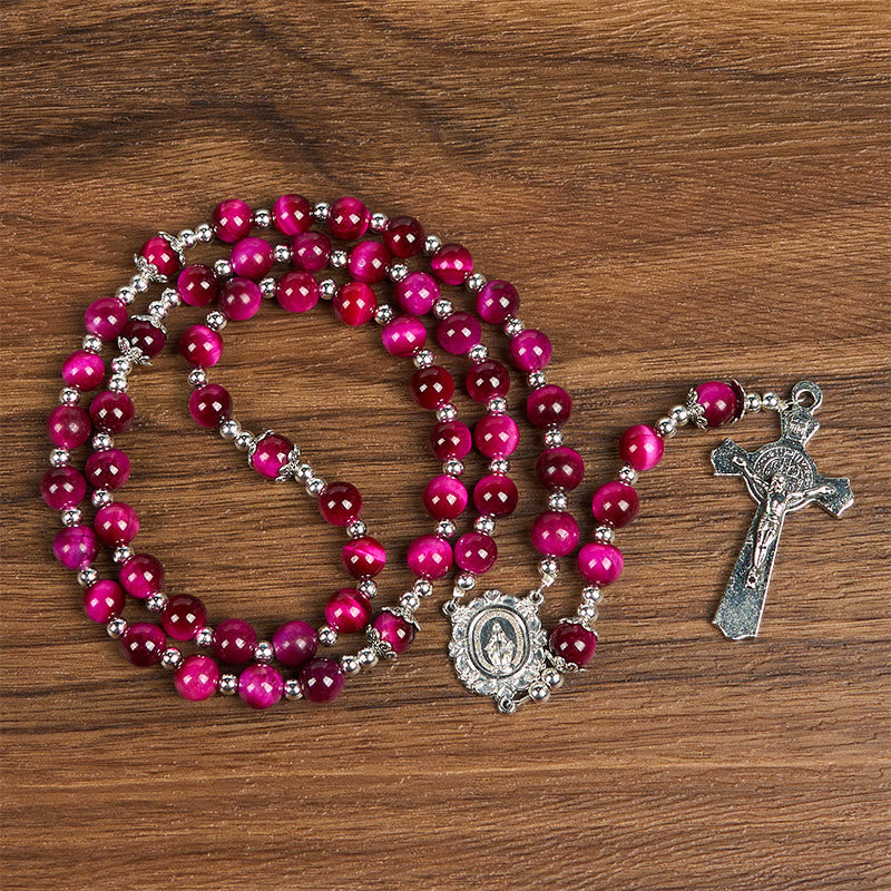christiandiscipleshop Miraculous Medal & Crucifix of 8mm Pink Tiger Eye Gemstone Beads Rosary
