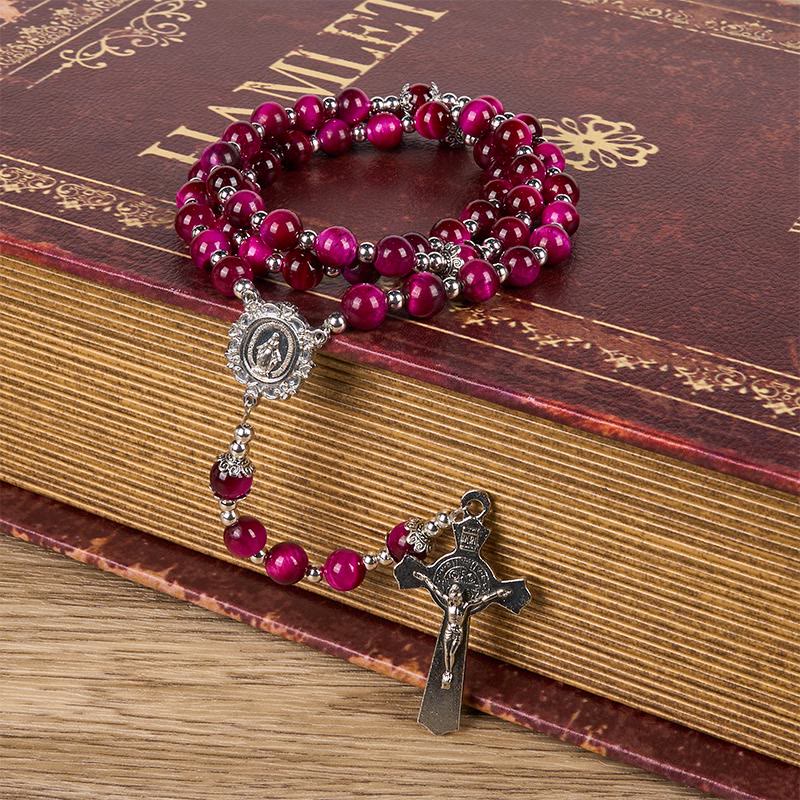 christiandiscipleshop Miraculous Medal & Crucifix of 8mm Pink Tiger Eye Gemstone Beads Rosary