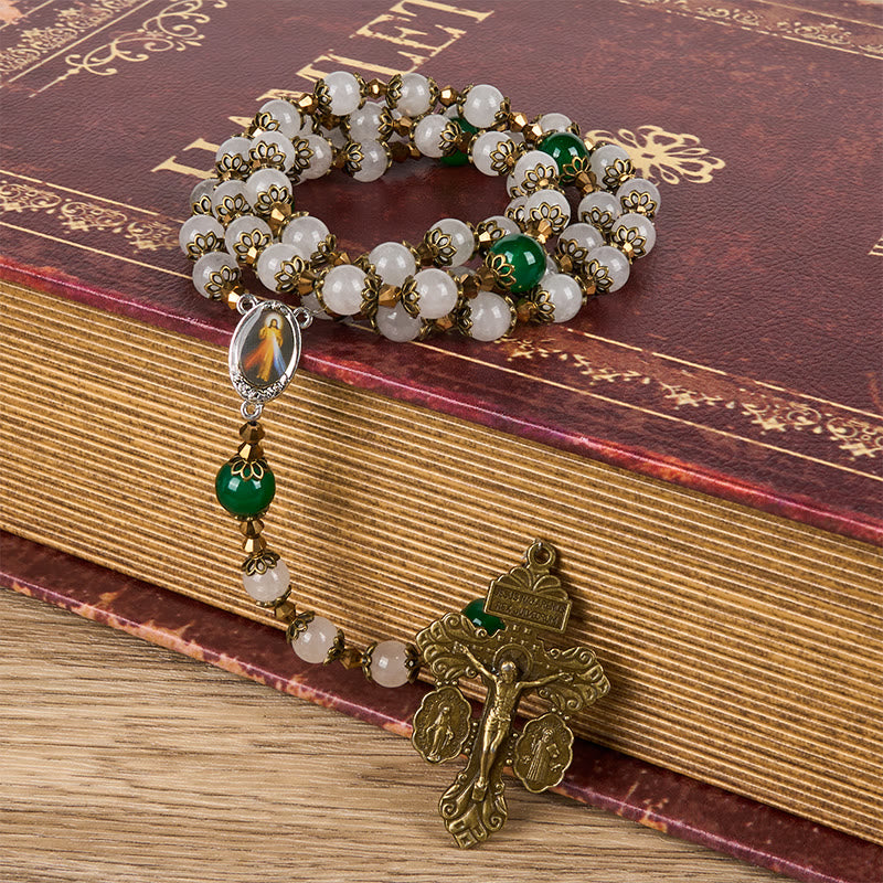 christiandiscipleshop Vintage Style Divine Mercy Jesus & Pardon Crucifix of 8mm Stone Beads Prayer Rosary