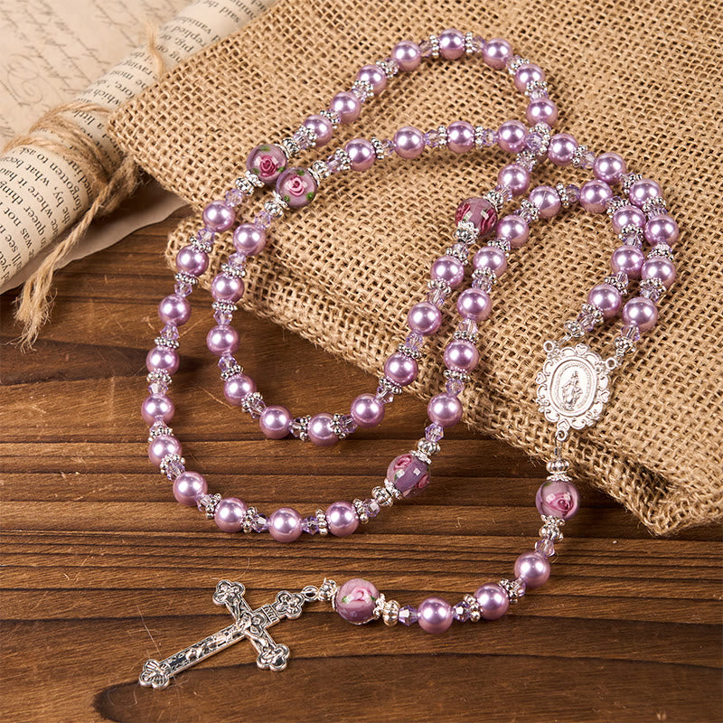 christiandiscipleshop Miraculous Medal & Crucifix 8mm Purple Pearl & Crystal Handmade Rosary - Sacred Beads for Holy Prayer