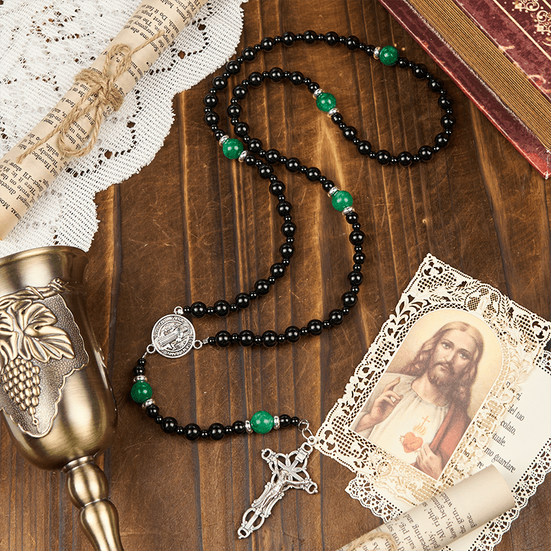 Christiandiscipleshop St. Benedict & Crucifix of 8mm Obsidian & Jade Handmade Bead Rosary - Faith and Sacred Connection