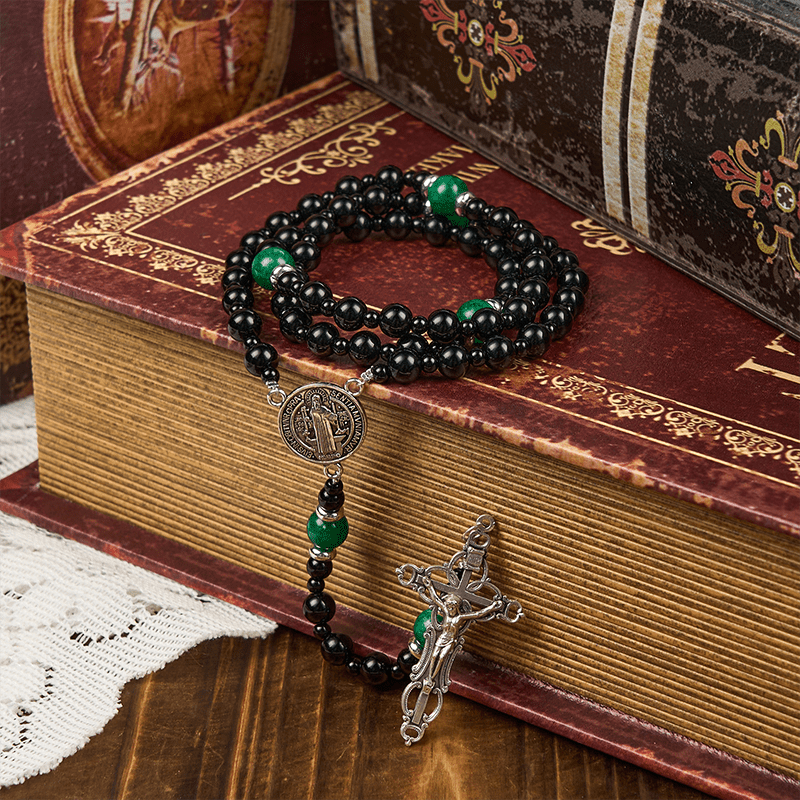 Christiandiscipleshop St. Benedict & Crucifix of 8mm Obsidian & Jade Handmade Bead Rosary - Faith and Sacred Connection