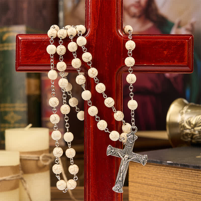 christiandiscipleshop Miraculous Medal & Crucifix of 8mm White Pine Prayer Beads Rosary