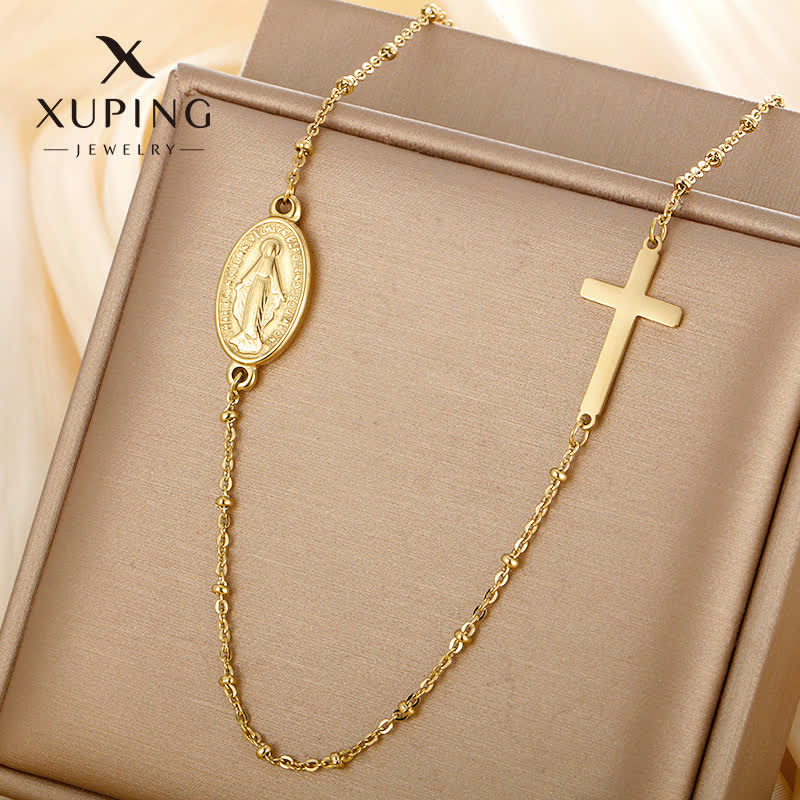 Christiandiscipleshop Elegant Gold-Tone Miraculous Medal&Simple Cross Pendant Necklace