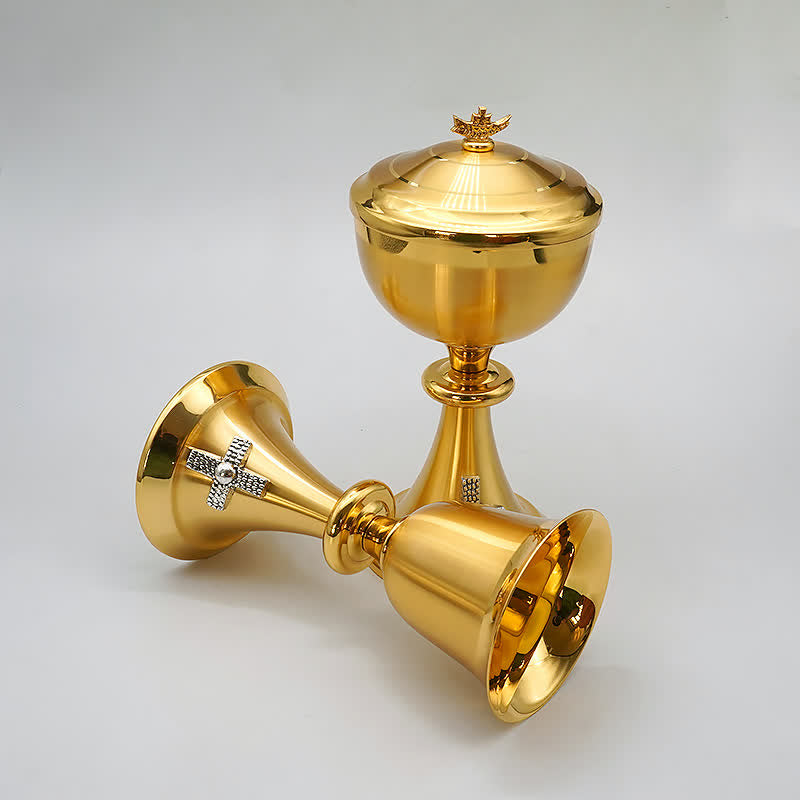 Christiandiscipleshop Exquisite Gold-Tone Cross-Adorned Chalice and Pyx  - Divine Vessels for Sacred Communion