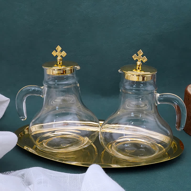 Christiandiscipleshop Elegant Brass-Trimmed Glass Cruet Set with Cross Motif - Traditional Worship Accessories