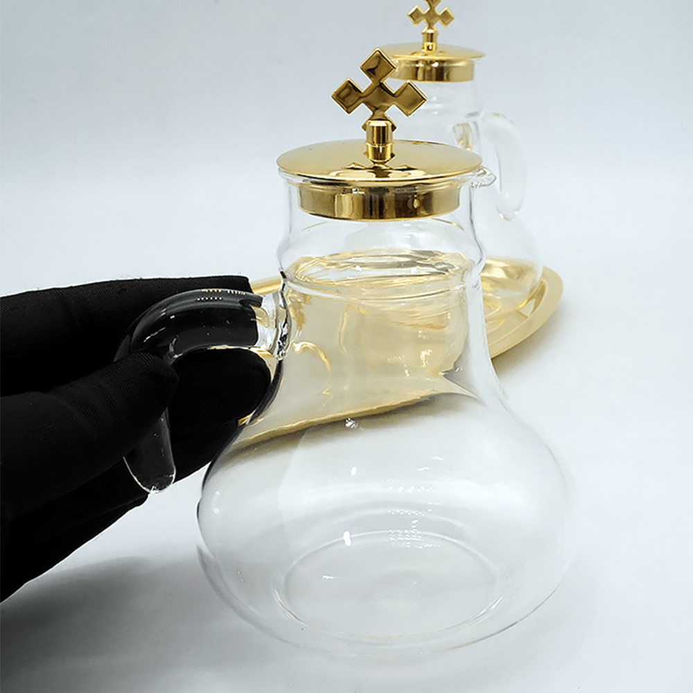 Christiandiscipleshop Elegant Brass-Trimmed Glass Cruet Set with Cross Motif - Traditional Worship Accessories