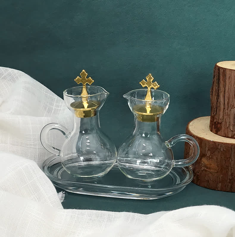 Christiandiscipleshop Graceful Gold-Accented Glass Cruet Set with Cross - Exquisite Sacramental Serveware