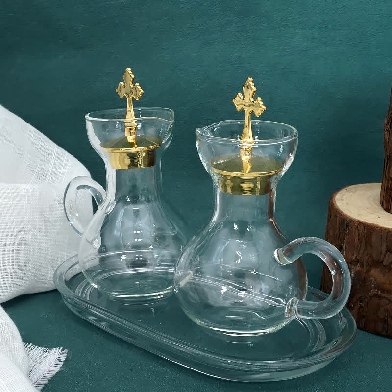Christiandiscipleshop Graceful Gold-Accented Glass Cruet Set with Cross - Exquisite Sacramental Serveware