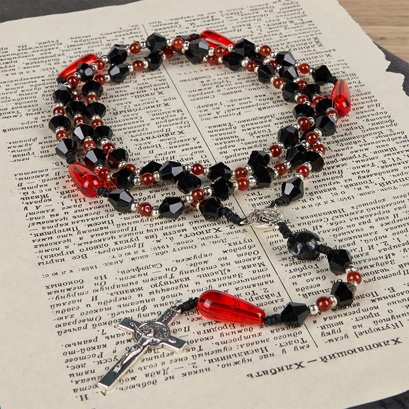 christiandiscipleshop Miraculous Medal & Crucifix of 8 mm Polyhedron Black Red Acrylic Nylon Cord Rosary