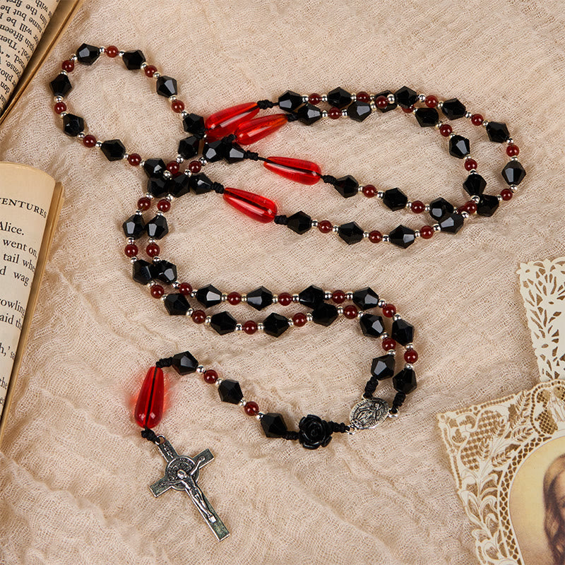 christiandiscipleshop Miraculous Medal & Crucifix of 8 mm Polyhedron Black Red Acrylic Nylon Cord Rosary