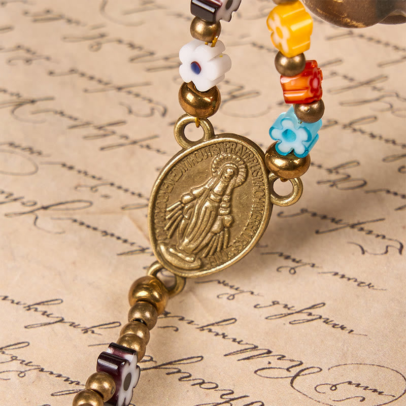 FREE Today: Virgin Mary & Crucifix of 4 mm Colorful Flower Glass Nylon Cord Rosary