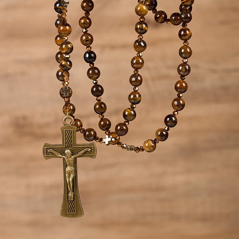 Christiandiscipleshop St. Benedict Medal & Crucifix of 8 mm Round Brown Tiger's Eye Alloy Chain Rosary