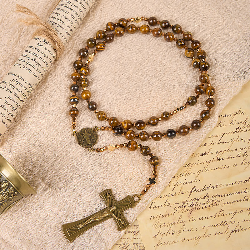 Christiandiscipleshop St. Benedict Medal & Crucifix of 8 mm Round Brown Tiger's Eye Alloy Chain Rosary