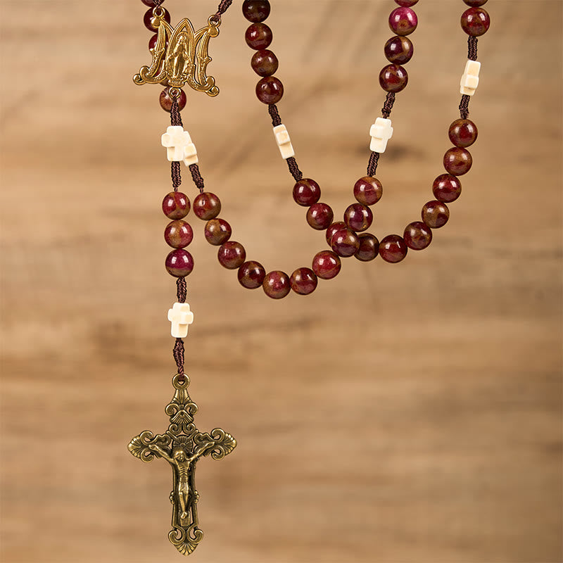 christiandiscipleshop Virgin Mary & Crucifix 8mm Red Gold Stone & Cross White Turquoise Handcrafted Rosary