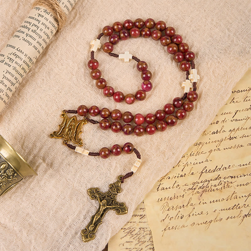 christiandiscipleshop Virgin Mary & Crucifix 8mm Red Gold Stone & Cross White Turquoise Handcrafted Rosary