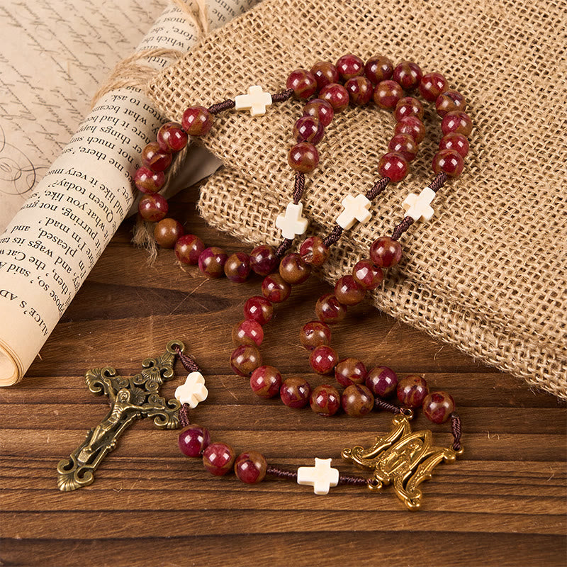 christiandiscipleshop Virgin Mary & Crucifix 8mm Red Gold Stone & Cross White Turquoise Handcrafted Rosary