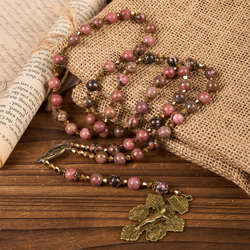 christiandiscipleshop Vintage-Inspired Rosary with Pink Rhodonite - Journey with Christ