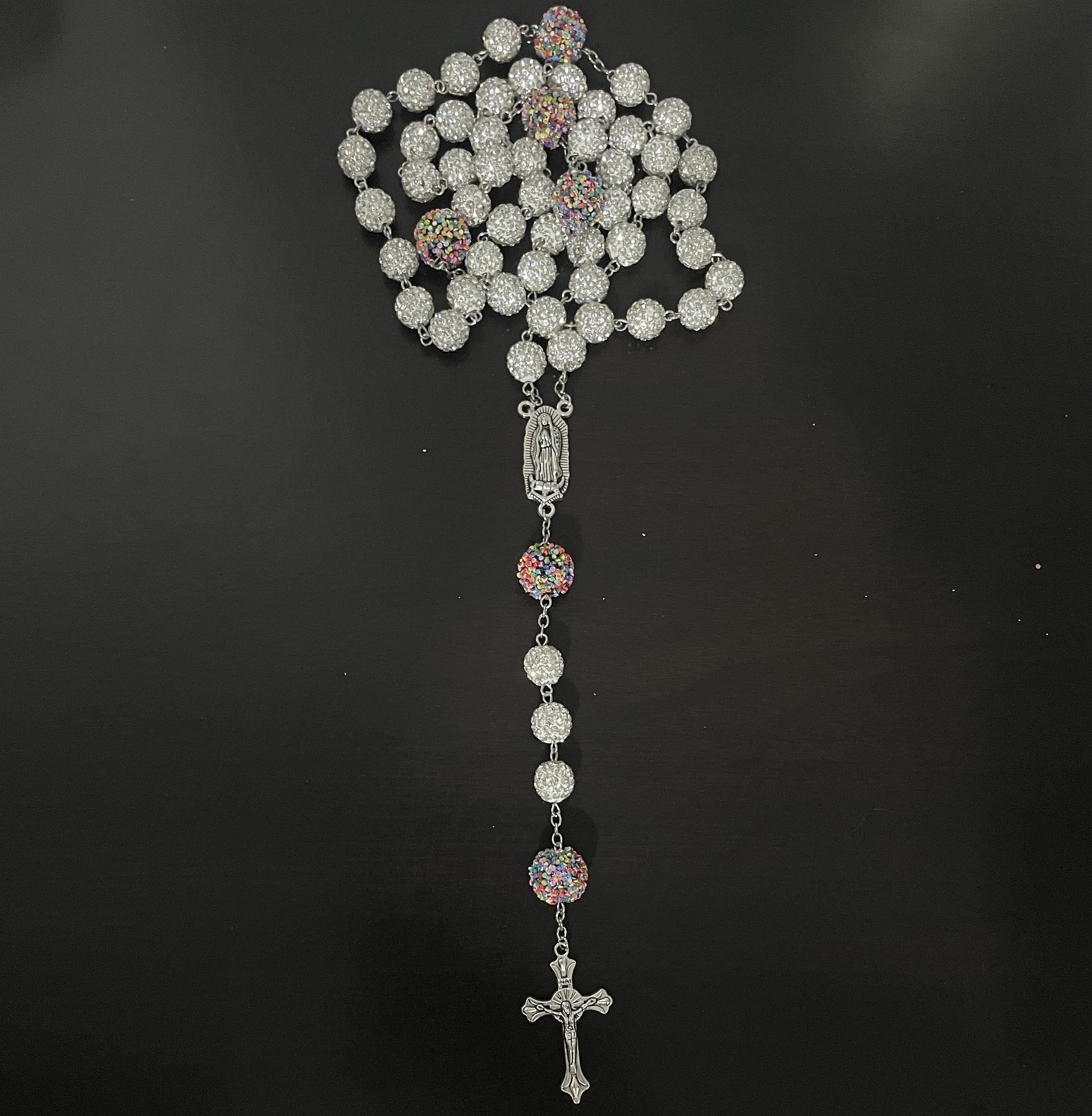 Christiandiscipleshop Our Lady of Guadalupe & Crucifix of 10mm Round White Rhinestone Alloy Chain Rosary