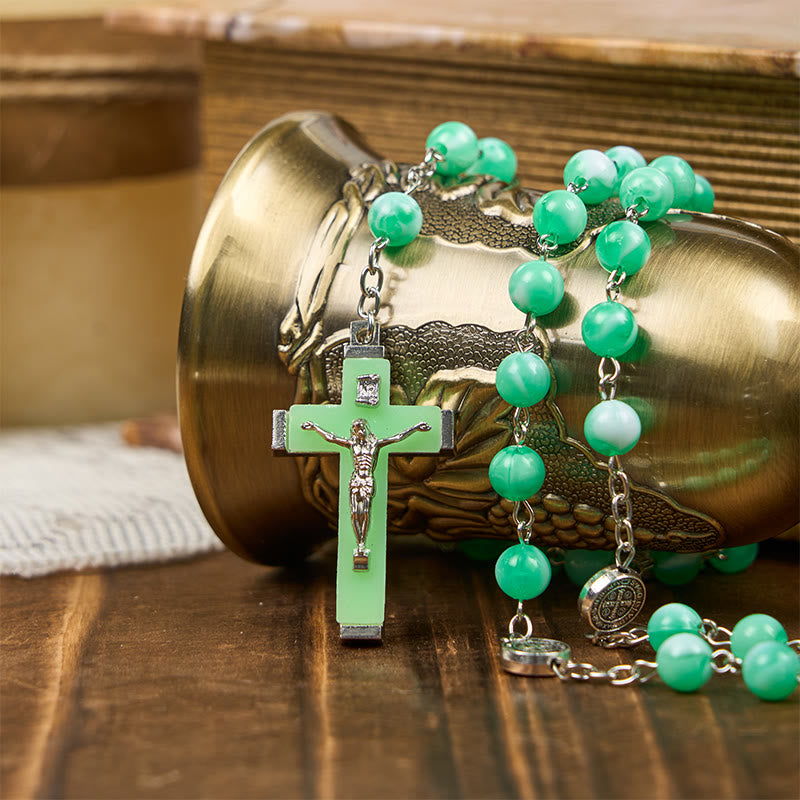 christiandiscipleshop Miraculous Medal & Crucifix of 8mm Luminous Bead Rosary for Night Praying