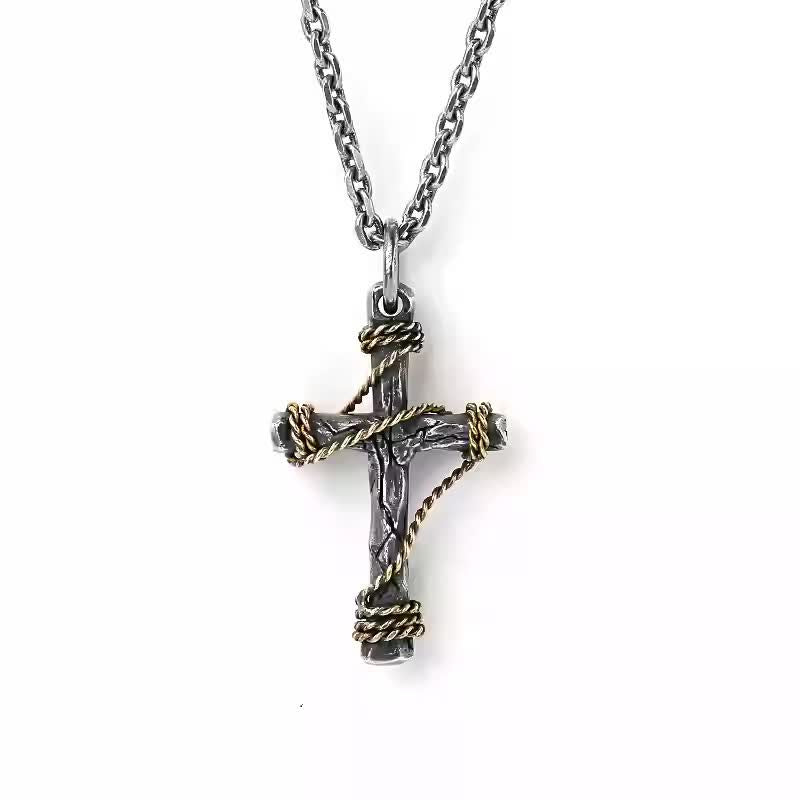 Christiandiscipleshop Exquisite 925 Sterling Silver and Brass Rope Forged Cross Necklace