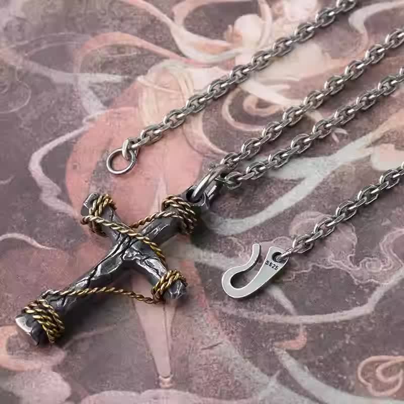 Christiandiscipleshop Exquisite 925 Sterling Silver and Brass Rope Forged Cross Necklace
