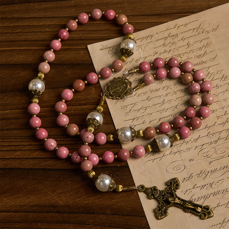 christiandiscipleshop Miraculous Medal & Crucifix of 8mm Natural Red Wood Vein Stone Handmade Rosary Beads