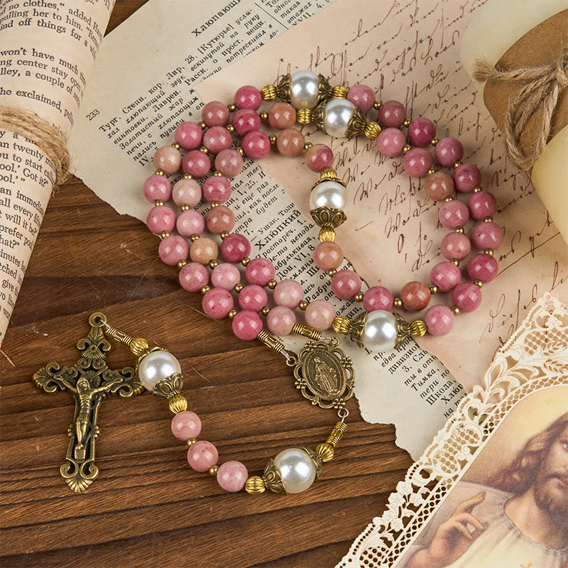 christiandiscipleshop Miraculous Medal & Crucifix of 8mm Natural Red Wood Vein Stone Handmade Rosary Beads