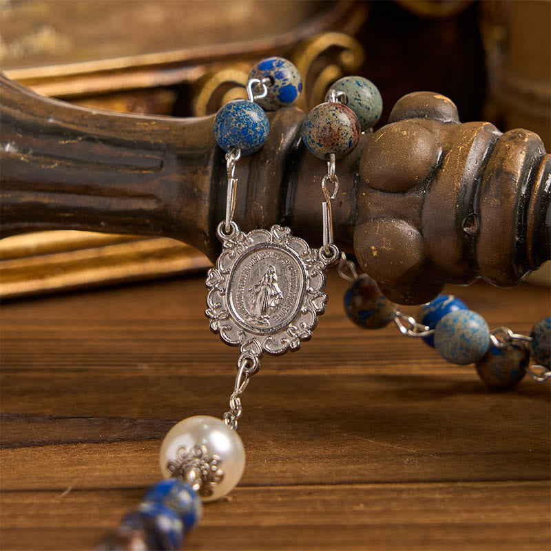christiandiscipleshop Miraculous Medal & Crucifix of 8mm Deep Blue Imperial Stone Handmade Rosary for Daily Pray