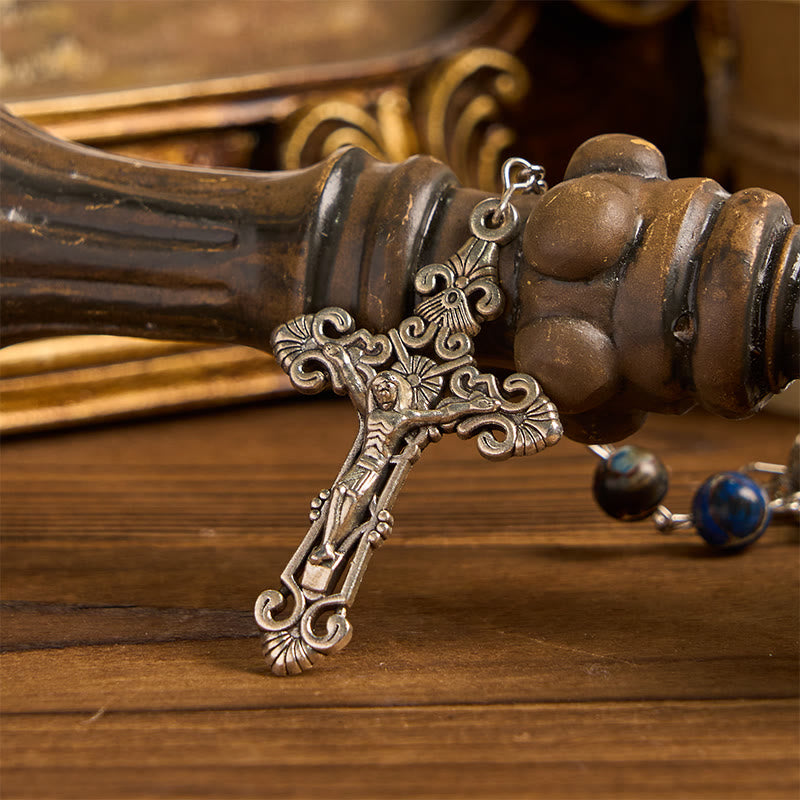 christiandiscipleshop Miraculous Medal & Crucifix of 8mm Deep Blue Imperial Stone Handmade Rosary for Daily Pray