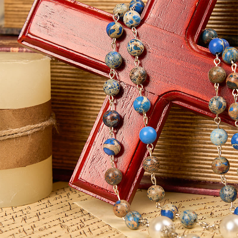 christiandiscipleshop Miraculous Medal & Crucifix of 8mm Deep Blue Imperial Stone Handmade Rosary for Daily Pray