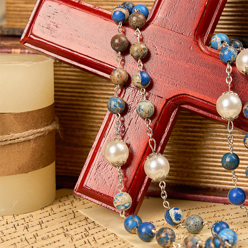 christiandiscipleshop Miraculous Medal & Crucifix of 8mm Deep Blue Imperial Stone Handmade Rosary for Daily Pray