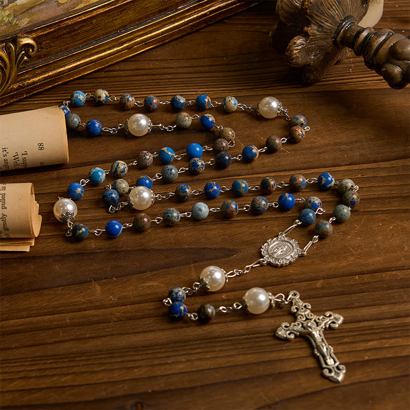 christiandiscipleshop Miraculous Medal & Crucifix of 8mm Deep Blue Imperial Stone Handmade Rosary for Daily Pray