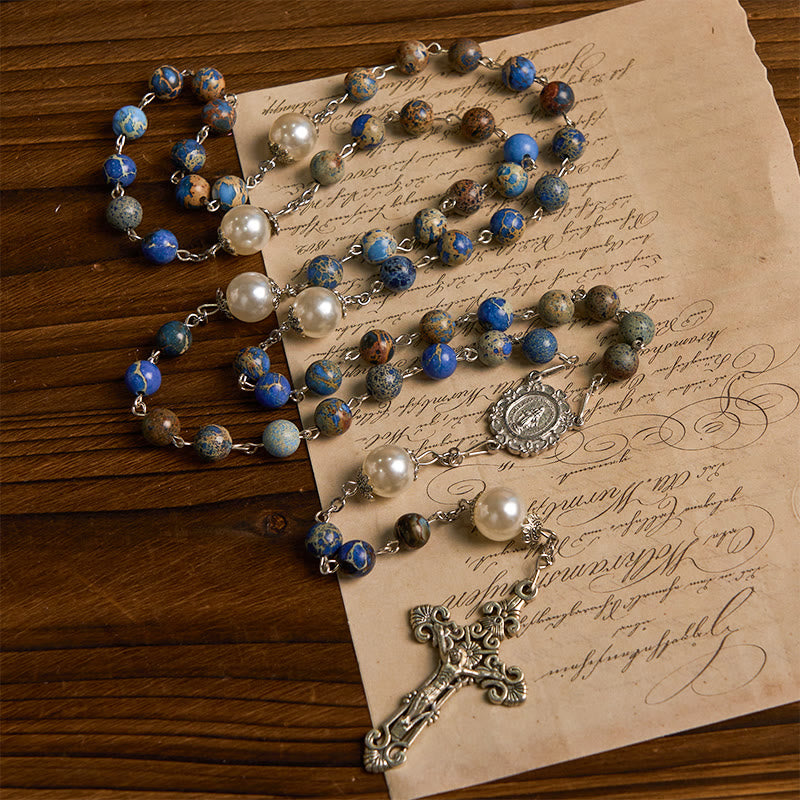 christiandiscipleshop Miraculous Medal & Crucifix of 8mm Deep Blue Imperial Stone Handmade Rosary for Daily Pray