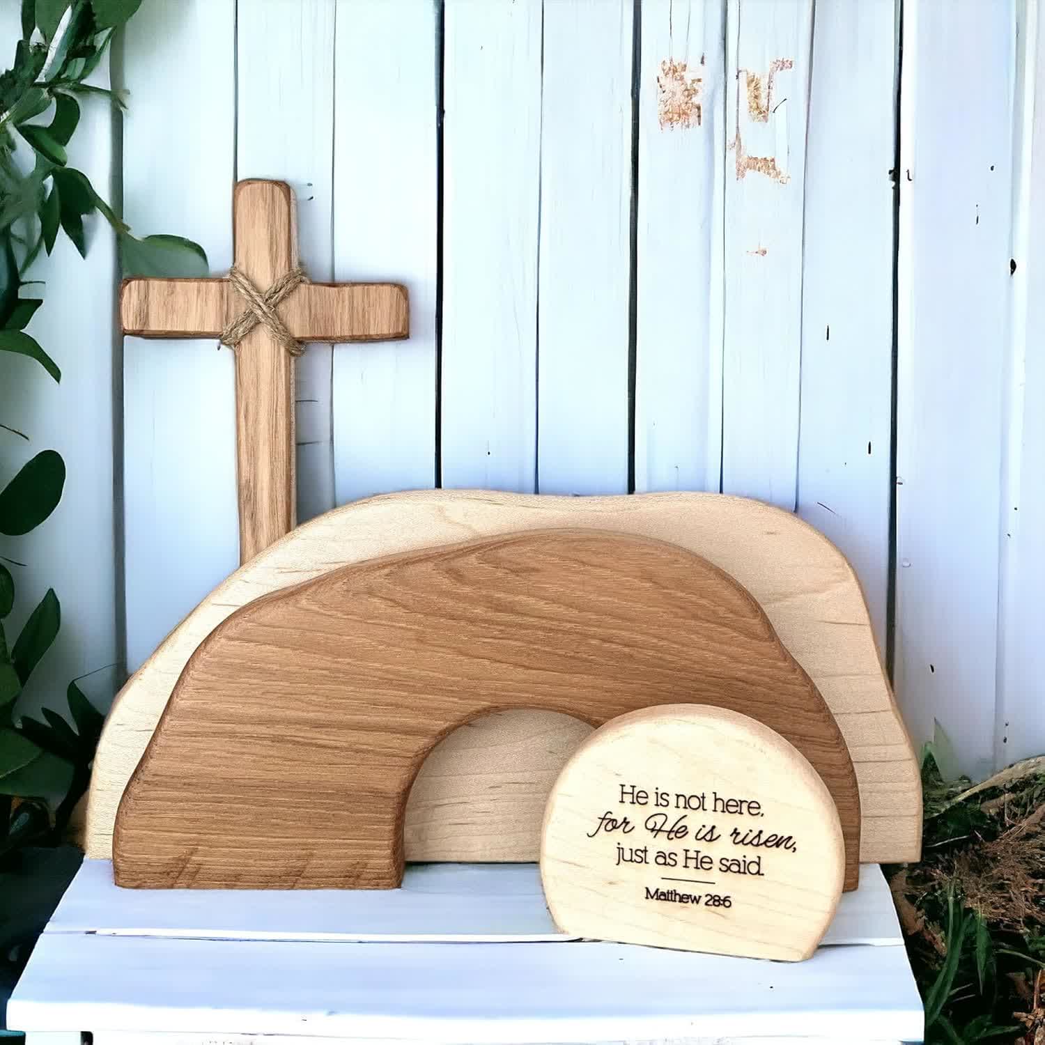 christiandiscipleshop He is Risen: Rustic Wooden Easter Resurrection Decor Set with Scripture Wall Art