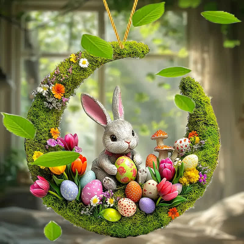 Christiandiscipleshop Springtime Delight: Enchanting Bunny & Floral Egg Easter Hanging Ornament