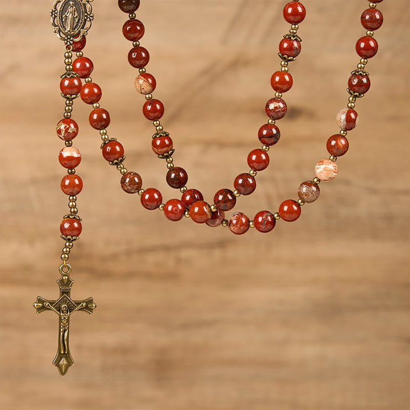 christiandiscipleshop Handmade 8mm Red Jasper Gemstone Rosary with Miraculous Medal & Crucifix