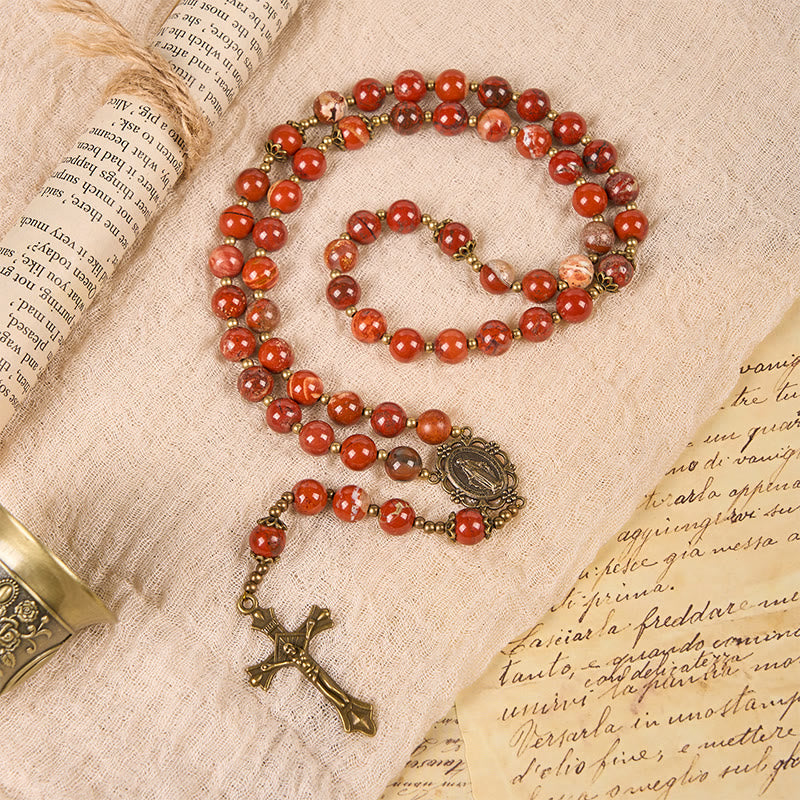 christiandiscipleshop Handmade 8mm Red Jasper Gemstone Rosary with Miraculous Medal & Crucifix